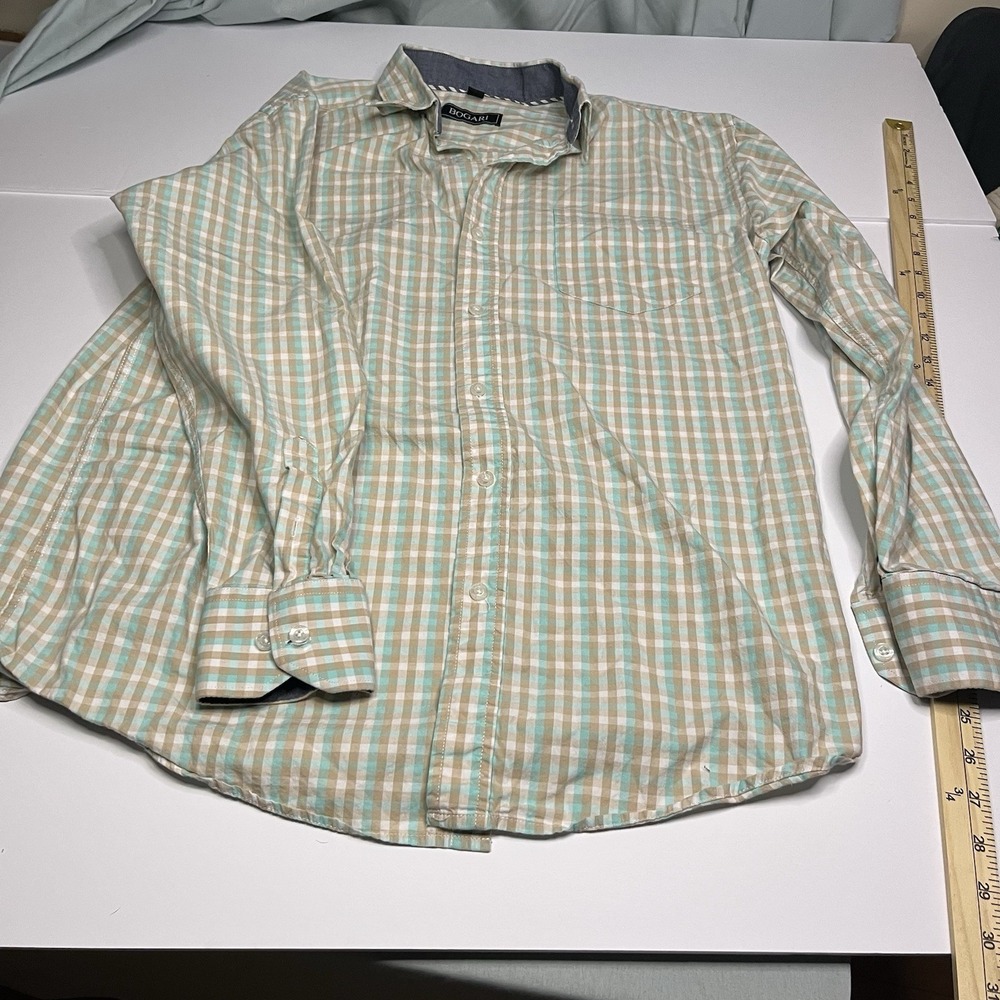 Bogari Check Dress Shirt Beige Aqua 16 1/4 M/M 35 Long Sleeve 100% Cotton